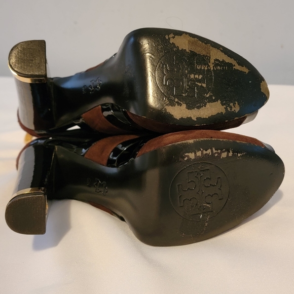 Tory Burch Lucille Brown Leather Peep Toe Logo Ankle US 9M - Picture 12 of 14